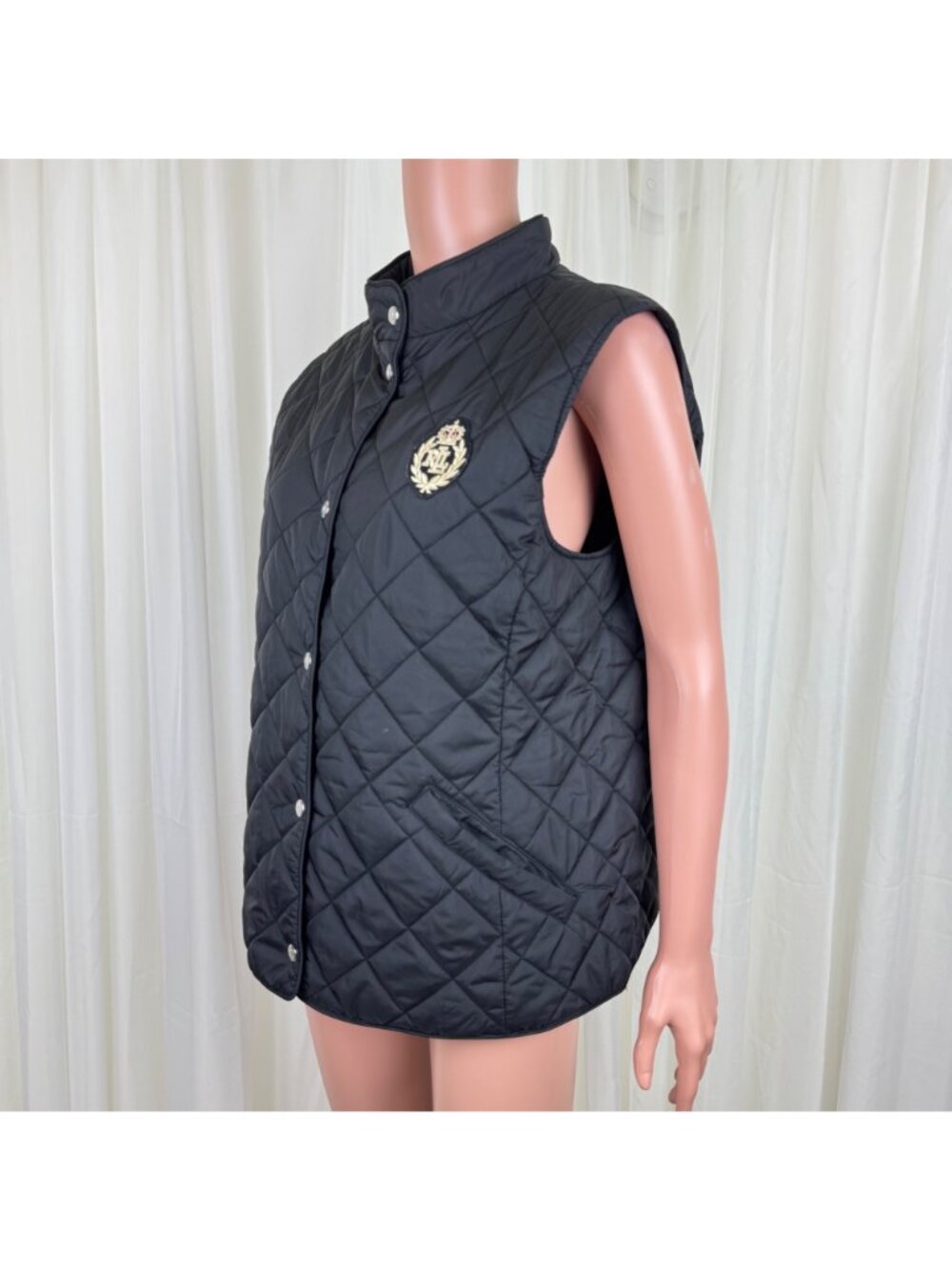 Ralph Lauren Quilted Vest Black RLL Crest Patch Diamond Quilt Womens L 84922T - Picture 3 of 13